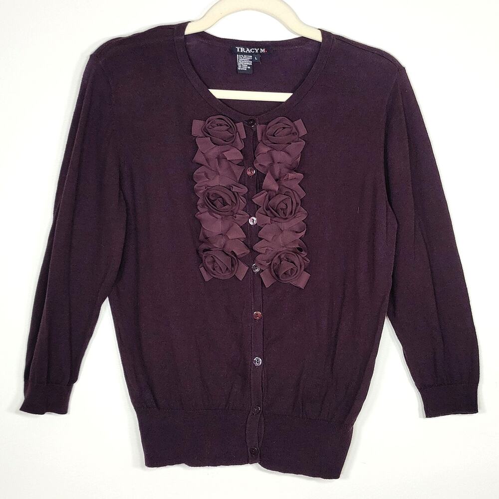 Vintage Tracy M Black Rosette Cardigan L Romantic Whimsigoth Coquette